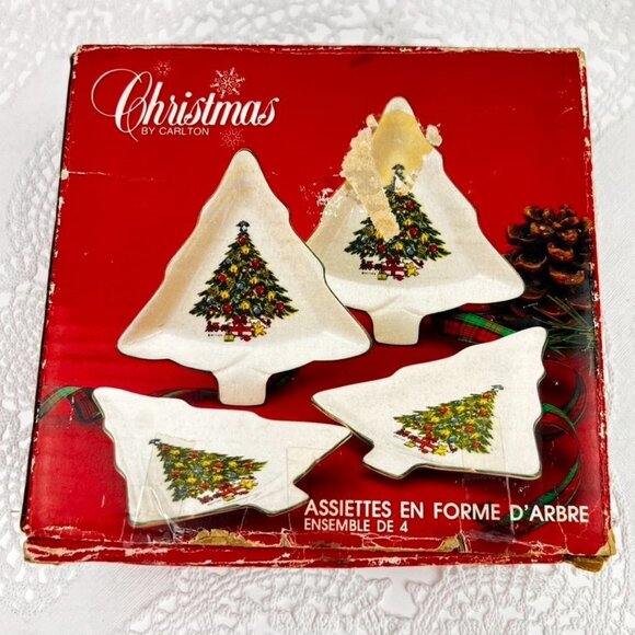Vintage Christmas By Carlton Set of 4 Tree Shaped Dishes Mount Clemens Pottery - Picture 9 of 11
